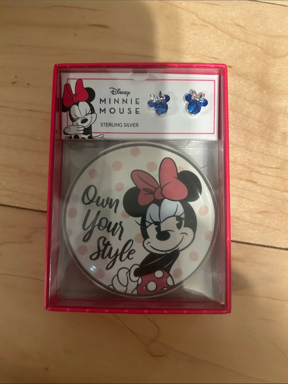 Disney Minnie Mouse Pink & Blue Bow Stud Earrings with Minnie Compact Mirror